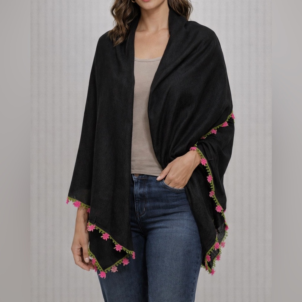 New Elegant Black Shawl with Handmade Pink Accents